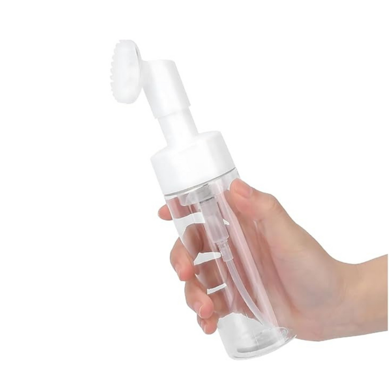 Refillable Foaming Soap Dispenser With Built-In Soft Brush – Clear Hand Pump Bottle Held in Hand – Cupindy