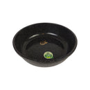 Black speckled frying pan with a green label on a white background