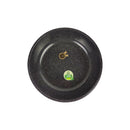 Black speckled frying pan with a logo and label on a white background