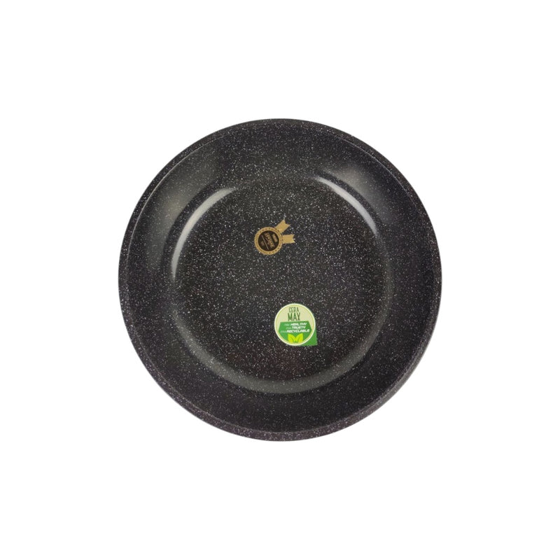 Black speckled frying pan with a logo and label on a white background