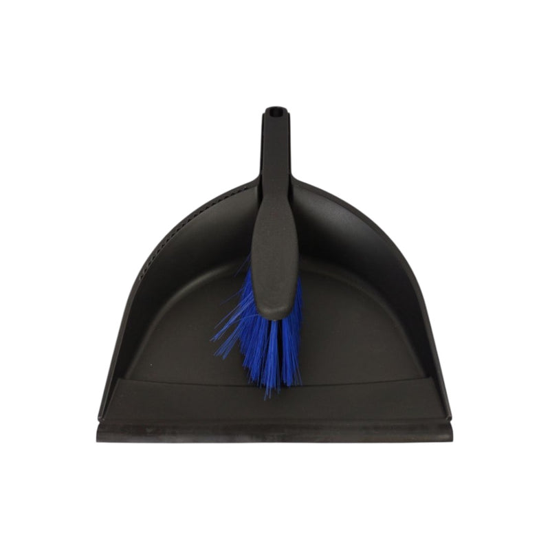 Black dustpan with a blue brush on a white background