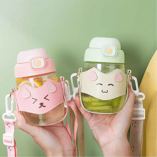 Kids glass water bottle with cute animal sleeve and shoulder strap – leak-proof design – cupindy