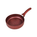 Red frying pan with speckled pattern on a white background