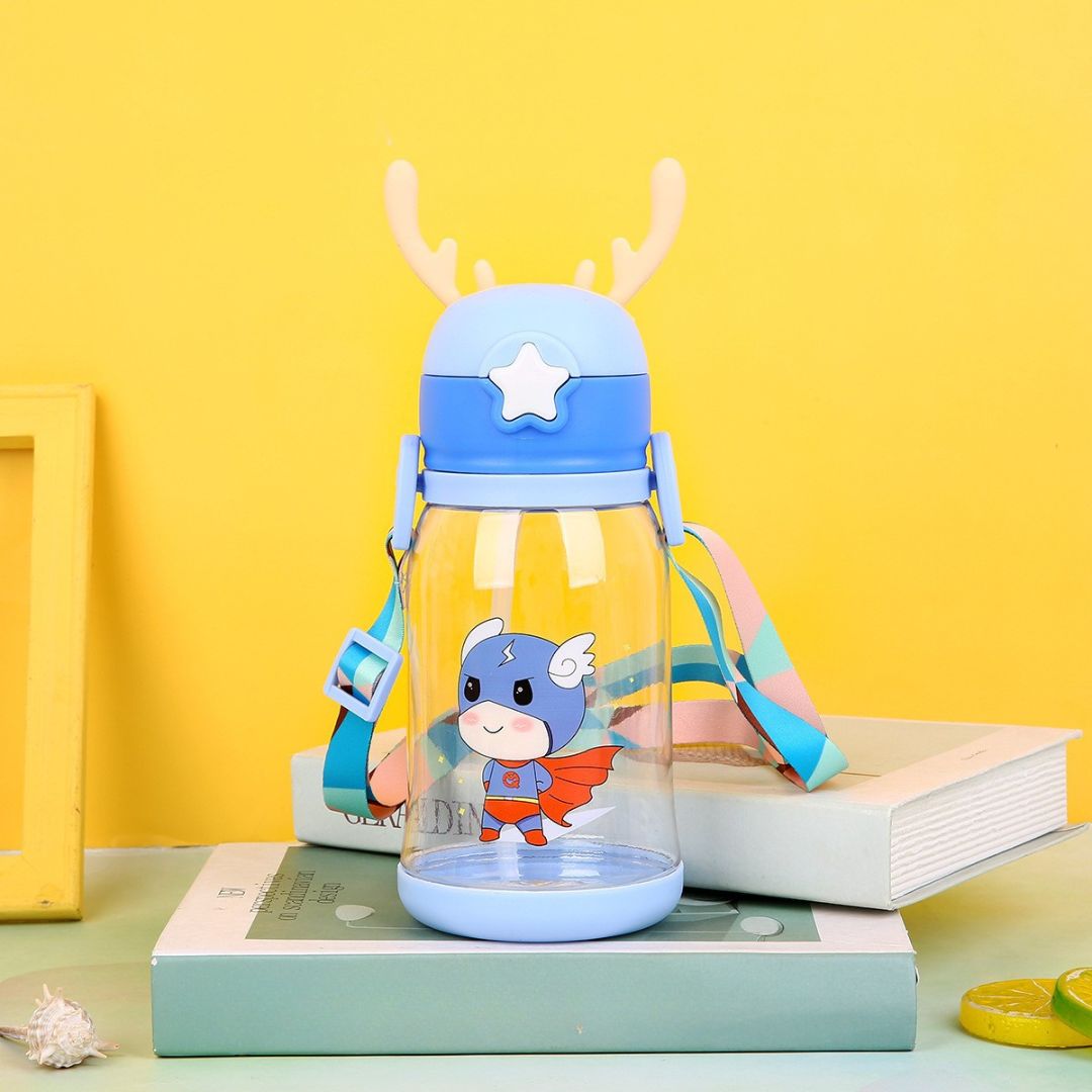 Blue cartoon water bottle with soft drinking straw for kids | Cupindy
