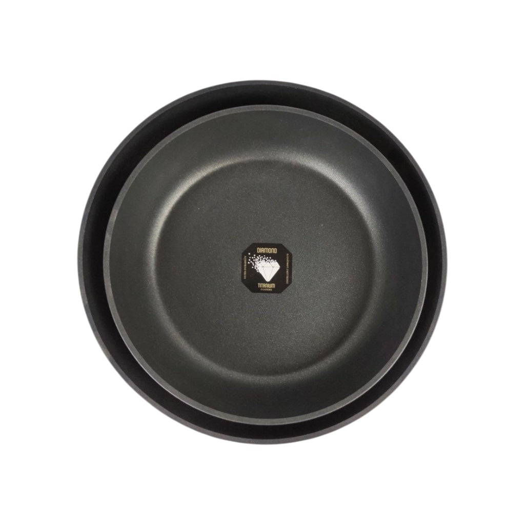 Two black round pans on a white background