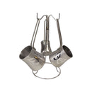 Set of three hanging metal cups with a central stand on a white background