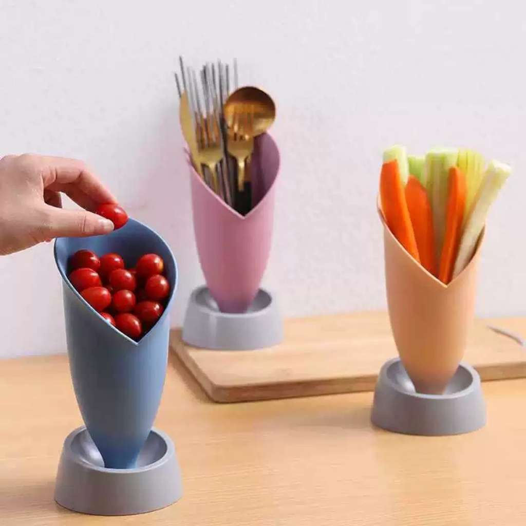 Upright plastic container used for storing cherry tomatoes, carrots, or utensils.