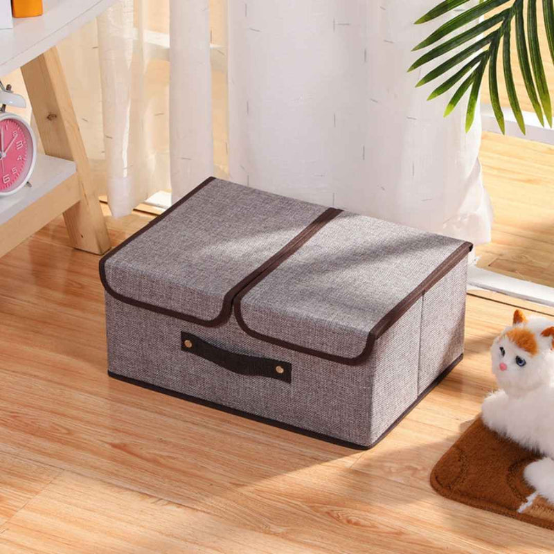 Gray Fabric Foldable Storage Bin With Flip Lid And Front Handle For Home Closet 