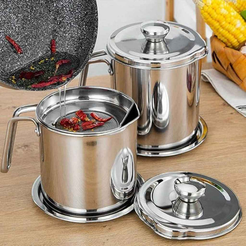 Stainless Steel Oil Storage Pot With Fine Mesh Strainer & Lid – Grease Container For Kitchen Use