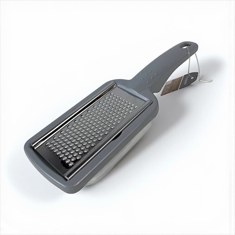 Gray handheld grater on a white background