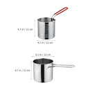 Stainless steel pot with dimensions labeled on a white background