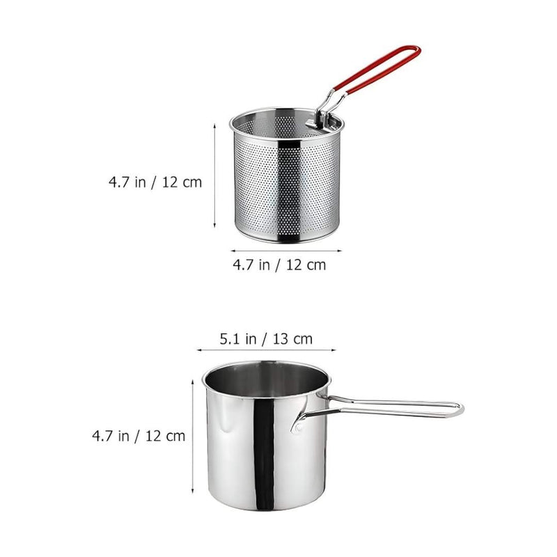 Stainless steel pot with dimensions labeled on a white background