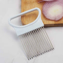 Onion slicing guide tool with steel prongs and grip handle for kitchen safety | Cupindy