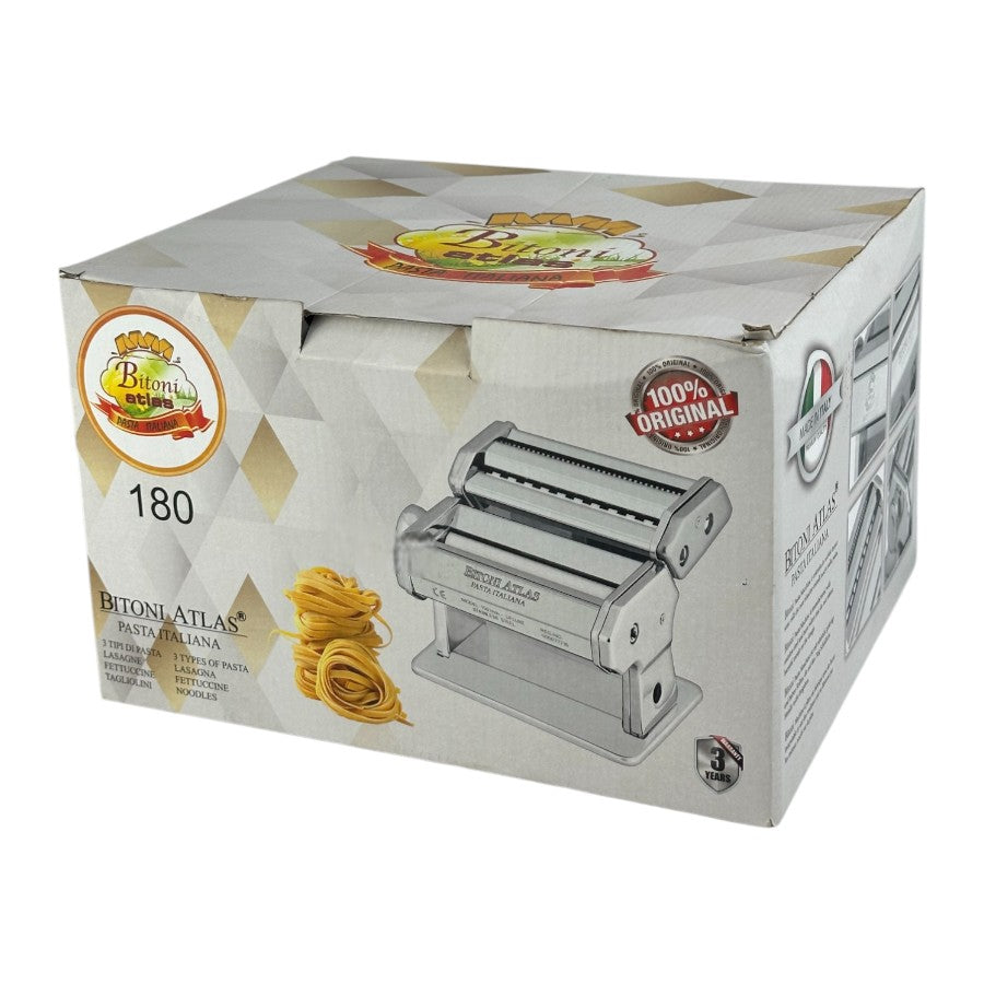 Bitoni Atlas 180 Pasta Maker - Stainless Steel With 3 Rollers For Lasagna, Fettuccine, Tagliolini