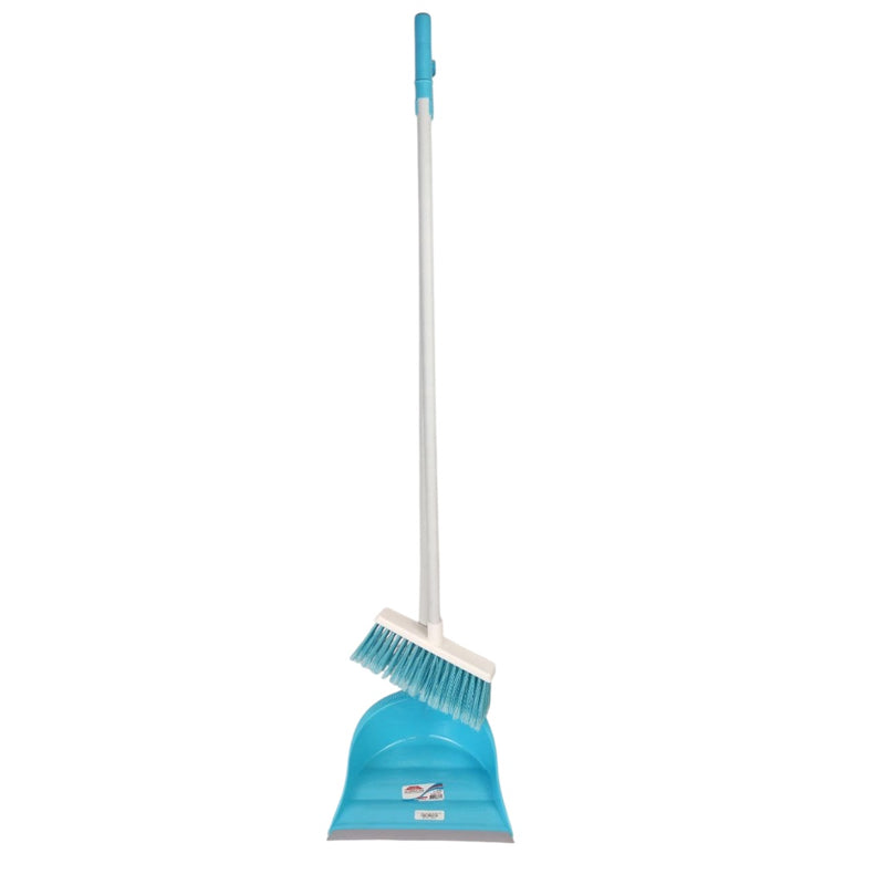 Cleaning brush with blue bristles and dustpan on a white background