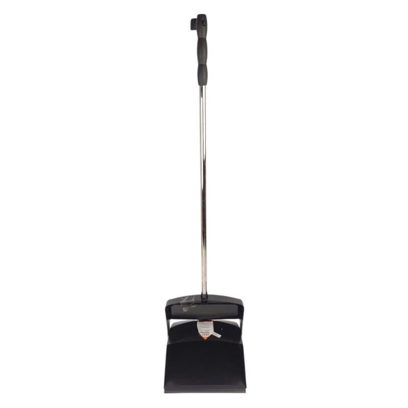 Black dustpan with long handle on a white background