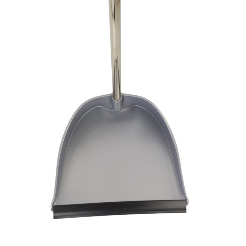 Gray dustpan with a metal handle on a white background