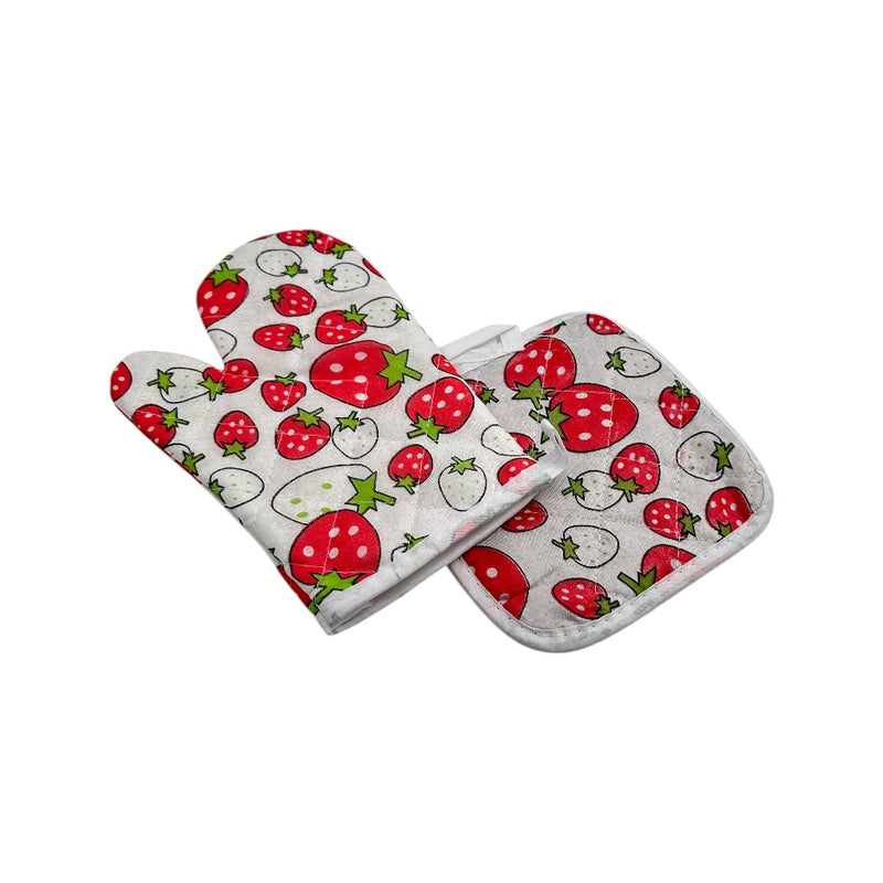 Strawberry-themed oven mitt and pot holder set with red and white fruit print on white background