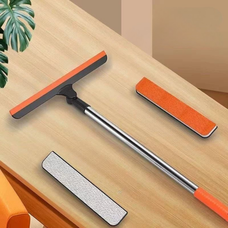 Window cleaning tool with soft microfiber and scrubber pads for effortless cleaning.