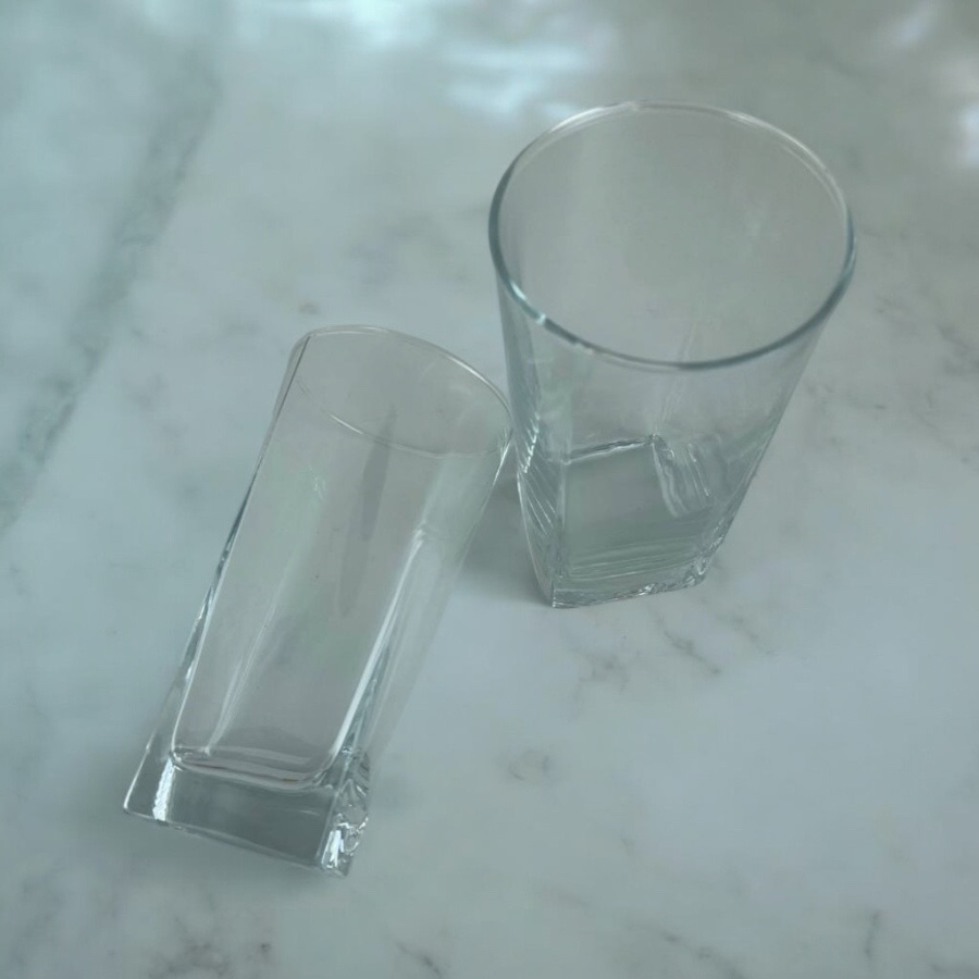 Pasabahce Carre set of 6 glass tumblers, 305ml each, with tall square design, ideal for stylish drinks and serving