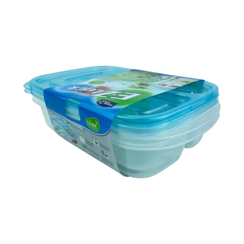 Stacked E-Z Lock food storage containers with blue lids and label, featuring three compartments per container | Cupindy