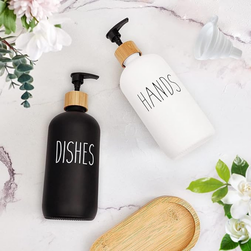 Set Of 2 Soap Dispensers With Bamboo Pump - Hands And Dishes| Cupindy