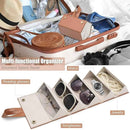 Multi-functional organizer with sunglasses, watch, and jewelry compartments.