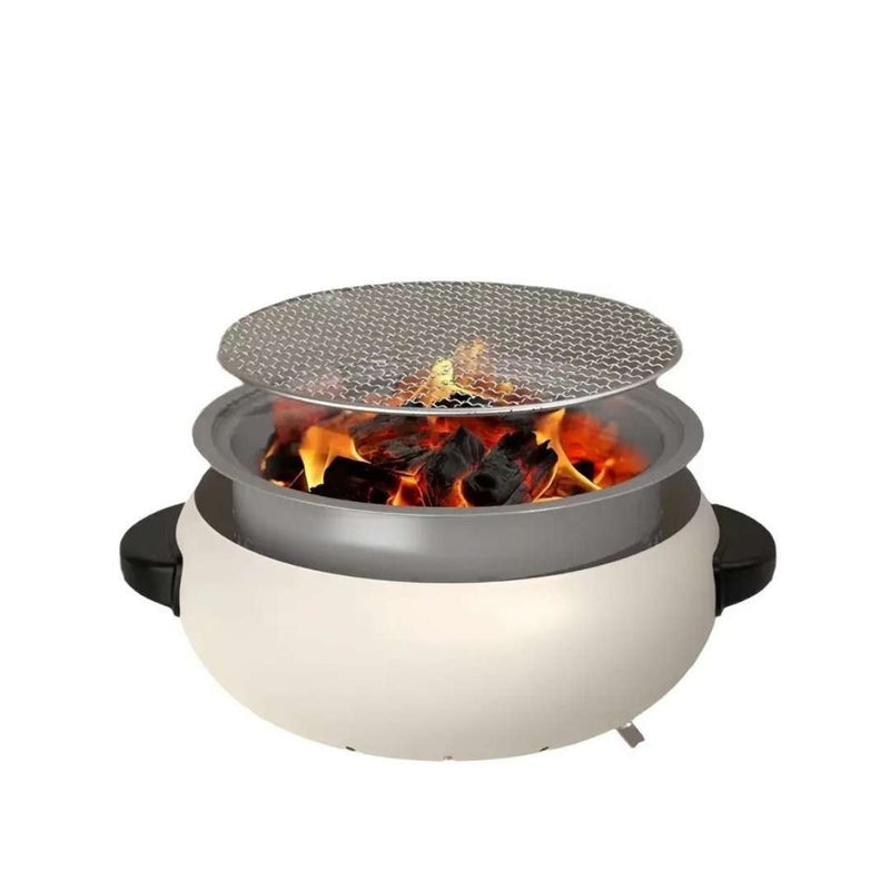 Portable fire pit with flames and a metal mesh cover on a white background