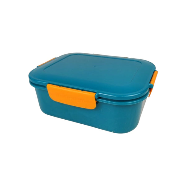 Blue storage container with orange handle on a white background