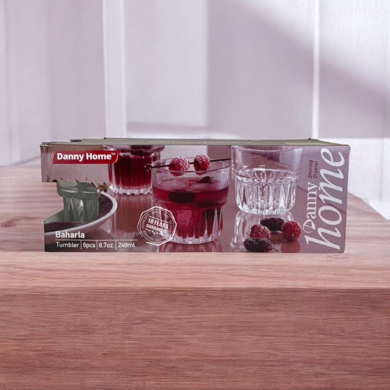 Danny Home Baharla 6-piece glass tumbler set 248ml in retail packaging with transparent textured cups and berry drink display