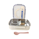 Lunch box set with compartments, spoon, and straw on a white background