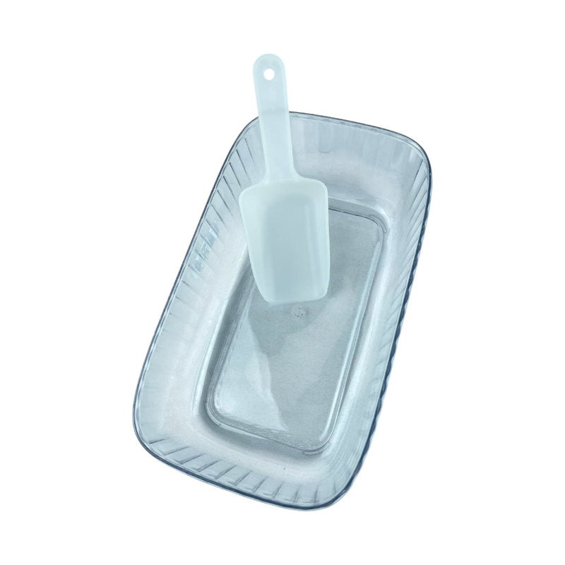 Top view of transparent acrylic ice cube box with a white scoop placed inside, ideal for serving or storing ice | Cupindy