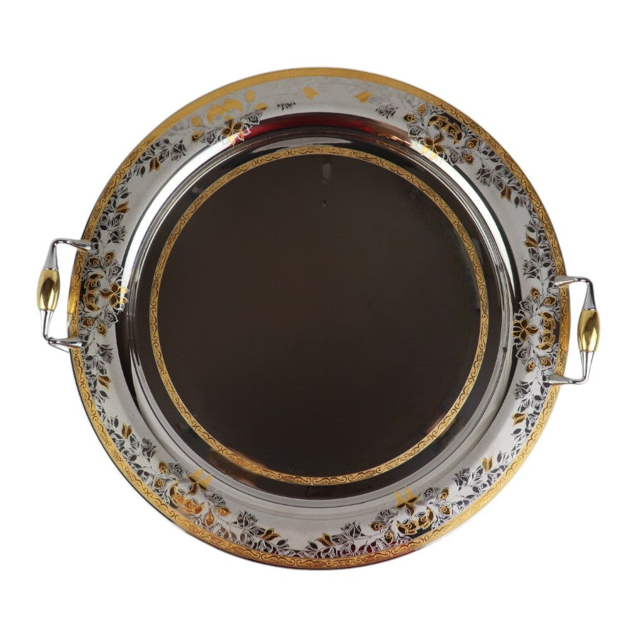 Tresors Italian Stainless Steel Gold-Plated Round Serving Tray With Handles | Width 48 Cm
