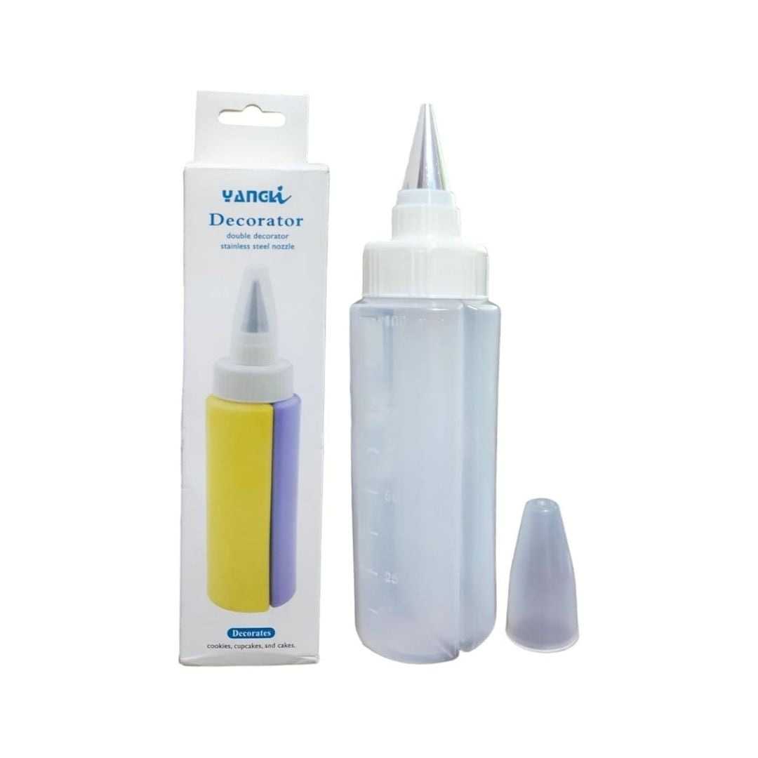 Decorating bottle with a white cap and yellow body, next to its packaging on a white background.