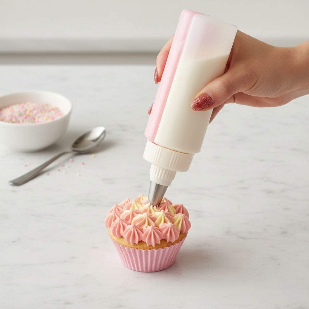 Person decorating a cupcake with pink frosting using a piping bag on a light surface.