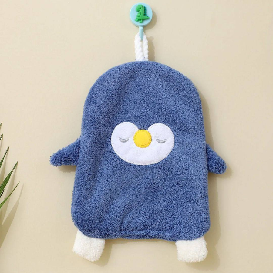 Blue Penguin-Shaped Bath or Cleaning Mitt Hanging on Wall With White Rope Loop and Dino Hook – Cupindy