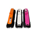 Three car wash brushes with orange, white, and pink handles on a white background