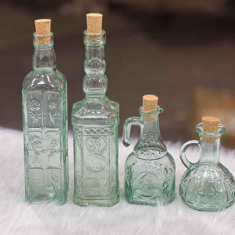 4-Piece Decorative Glass Oil & Vinegar Bottle Set With Cork Stoppers – Elegant Kitchen Set