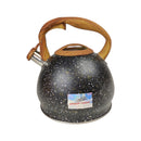 Black speckled kettle with wooden handle on a white background