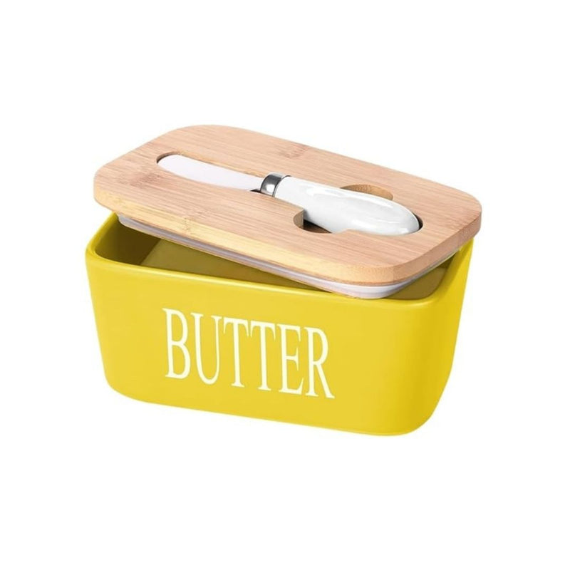 طبق زبدة بورسلين بغطاء بامبو وسكين - حافظة زبدة حديثة للمطبخ