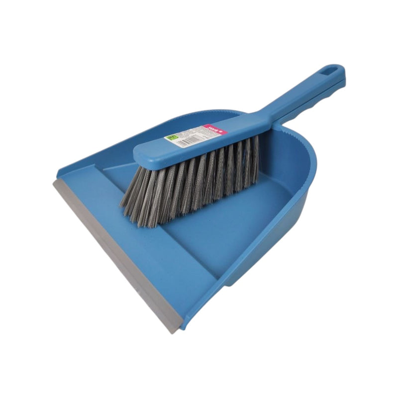 Blue dustpan and brush set on a white background
