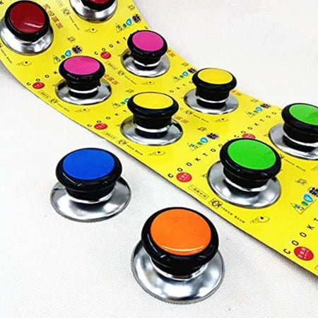 Multi-colored stainless steel replacement pot lid knobs on yellow packaging.