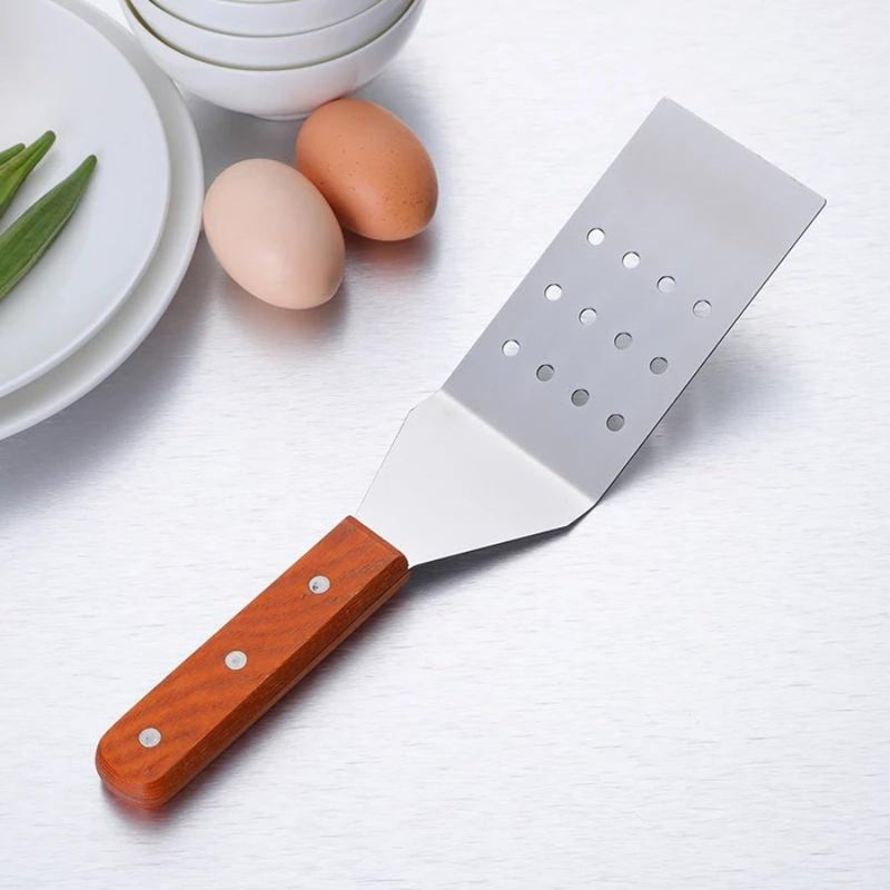 BBQ Grill Spatula Perforated Turner Kitchen cooking Utensil Wooden Handle - Cupindy