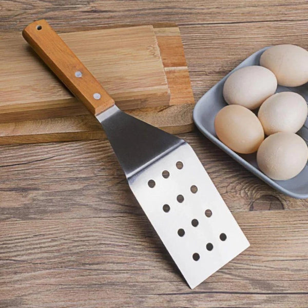BBQ Grill Spatula Perforated Turner Kitchen cooking Utensil Wooden Handle - Cupindy
