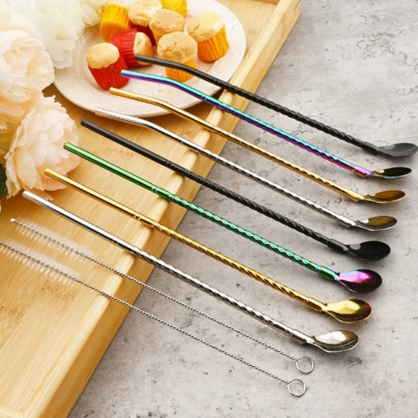 Colorful Straw Spoon Stainless Steel Cocktail - Cupindy