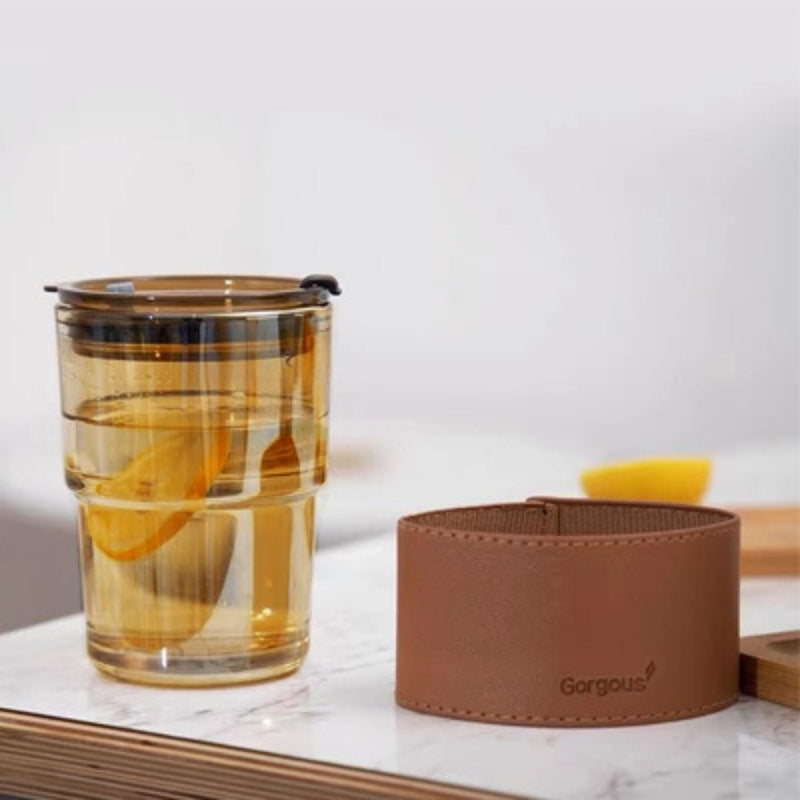Glass Tumbler with Lid & Glass Straw, Leather Sleeve Coffee Tea Milk Mug - Cupindy