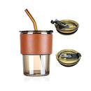Glass Tumbler with Lid & Glass Straw, Leather Sleeve Coffee Tea Milk Mug - Cupindy