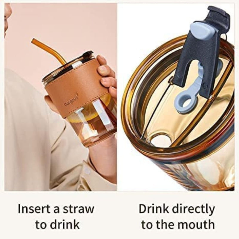 Glass Tumbler with Lid & Glass Straw, Leather Sleeve Coffee Tea Milk Mug - Cupindy
