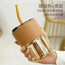 Glass Tumbler with Lid & Glass Straw, Leather Sleeve Coffee Tea Milk Mug - Cupindy