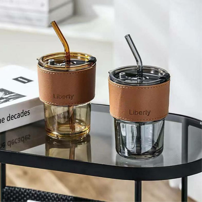 Glass Tumbler with Lid & Glass Straw, Leather Sleeve Coffee Tea Milk Mug - Cupindy
